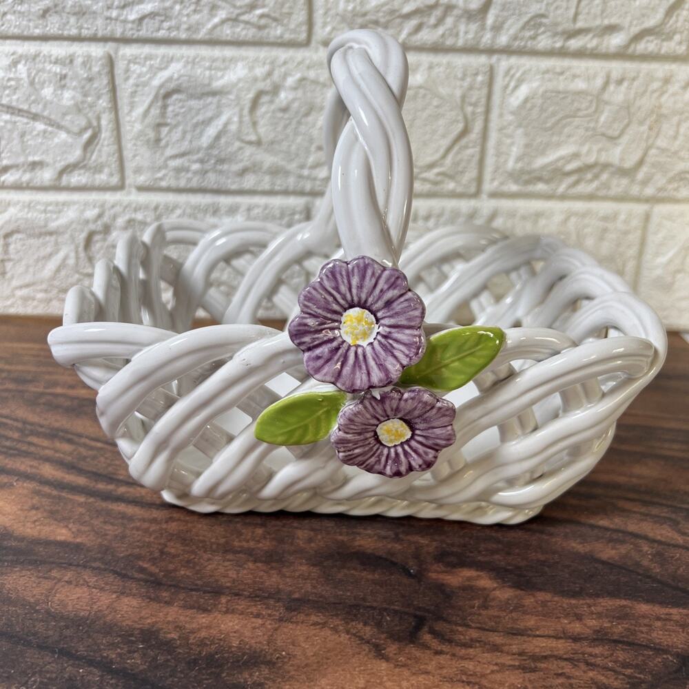 Ceramic Open Weave Basket • Pansy Design • Portugal Pottery Vintage Decor